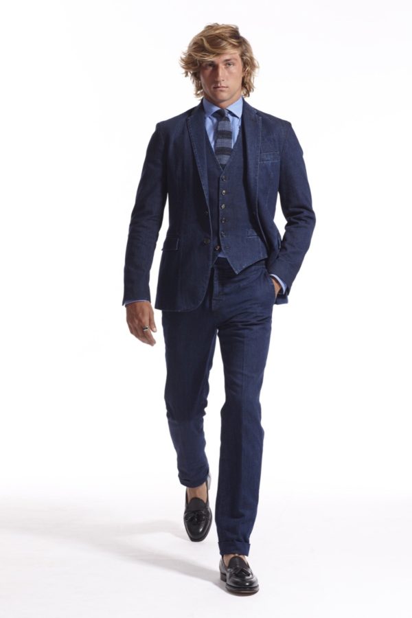 2015 – Ralph Lauren, denim three-piece suit | Fashion History Timeline