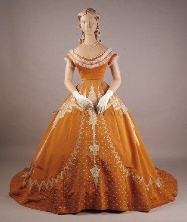 Orange Evening Gown with White Embroidery