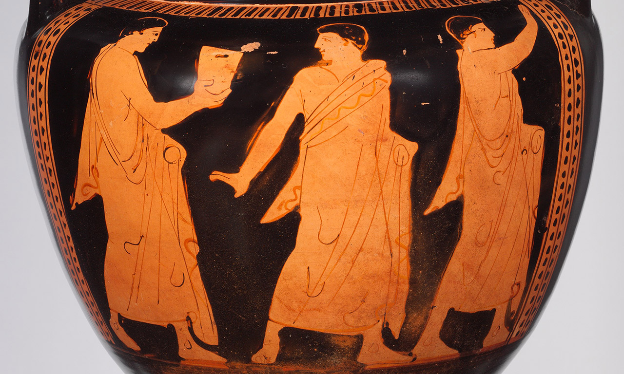 Revelers, Terracotta column-krater (bowl for mixing wine and water)