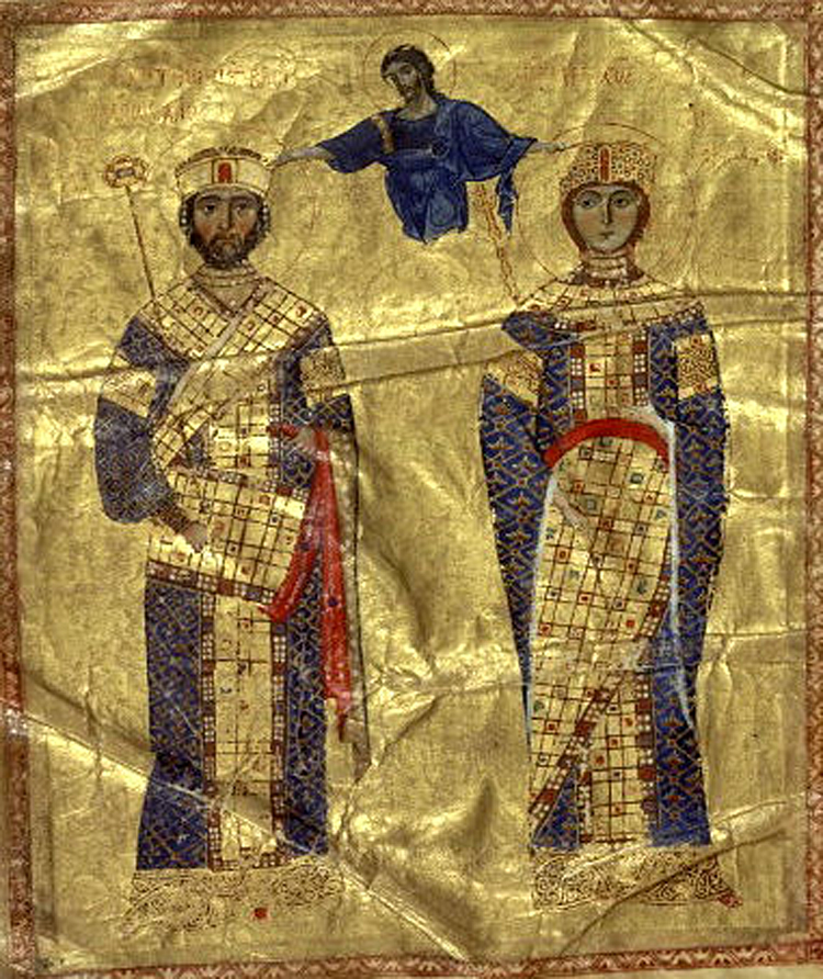 Christ Crowning Michael VII Doukas (relabeled Nikephoros III Botaneiates) and Maria of Alania. Illustration from the Homilies of John Chrysostom. Evans, Helen C. and William D. Wixom, ed.