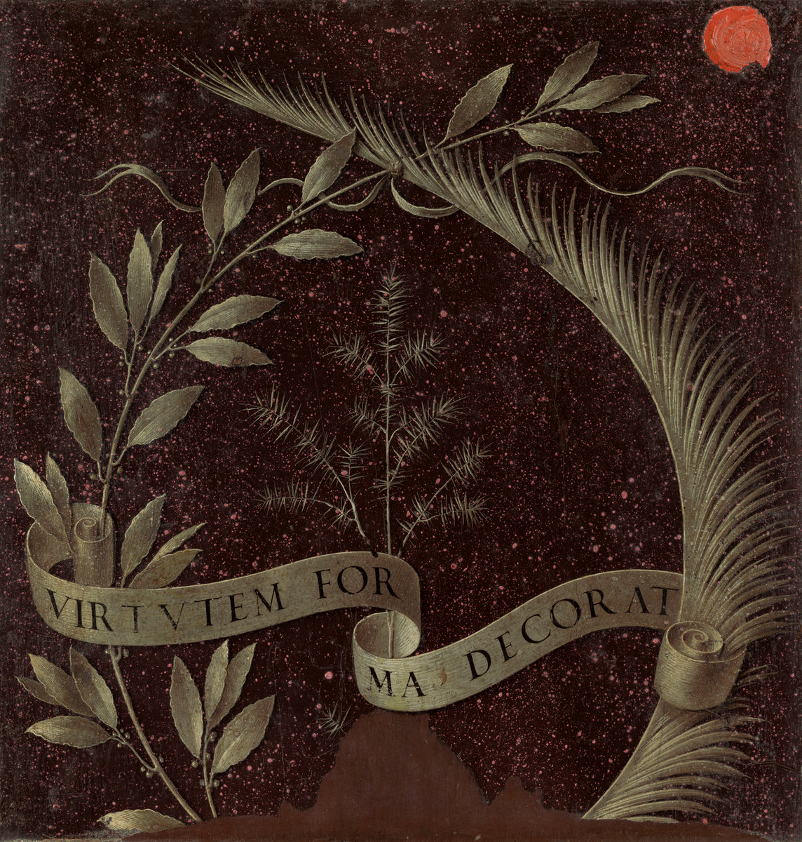 Wreath of Laurel, Palm, and Juniper with a Scroll inscribed Virtutem Forma Decorat