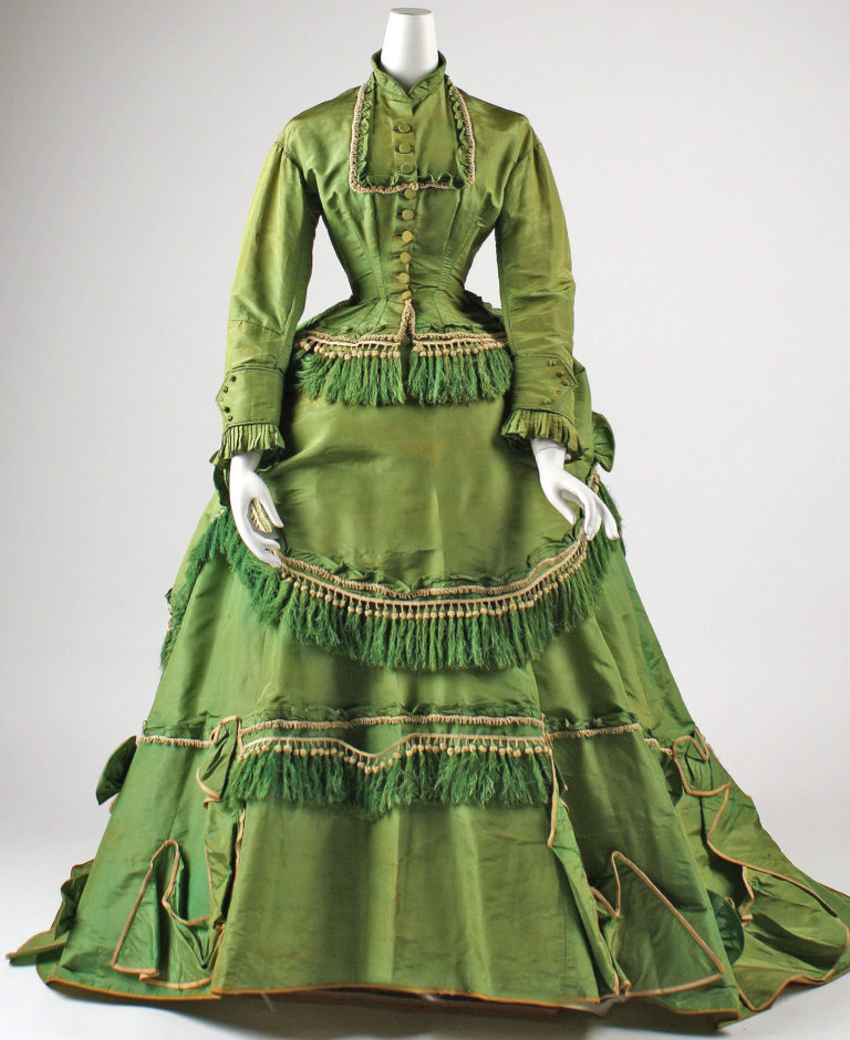 1868 – Green silk day dress | Fashion History Timeline