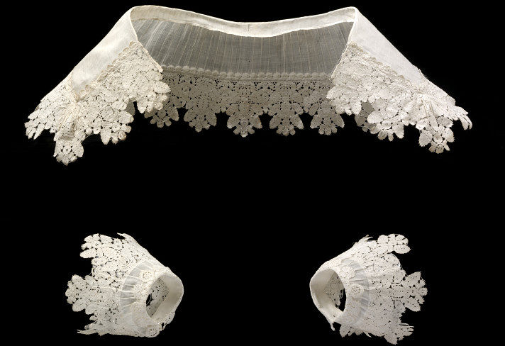 Linen band and cuffs trimmed with bobbin lace