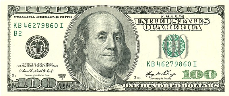 Front of the U.S. $100 Federal Reserve note