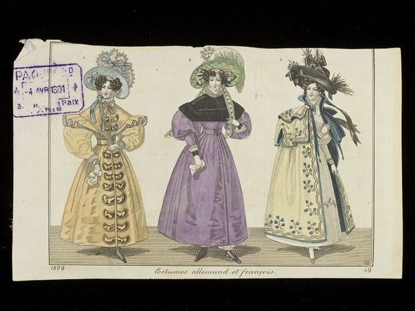 Three women in day dresses, pelisse robes and a cloak. Costumes Allemands et Francois