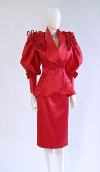 Red satin suit by Caché