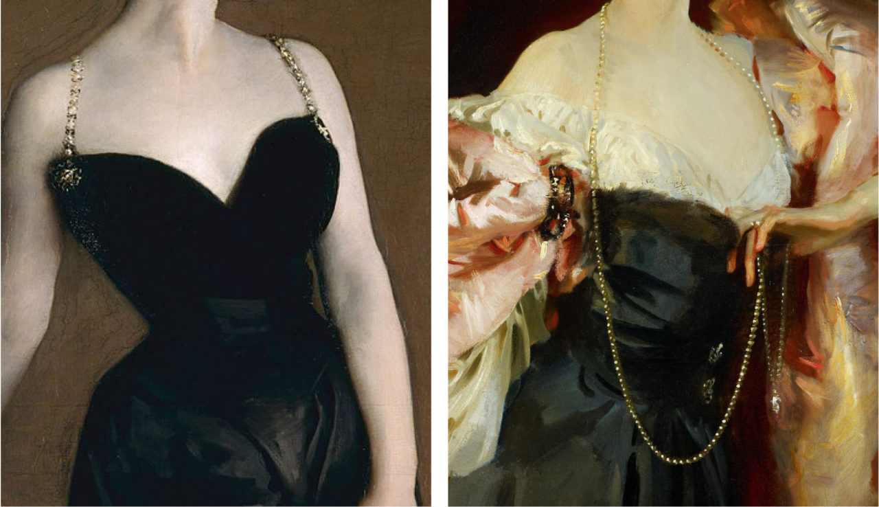 Detail of Bodice: Madame X, 1883–84 (Left); Lady Helen Vincent, 1904 (Right)