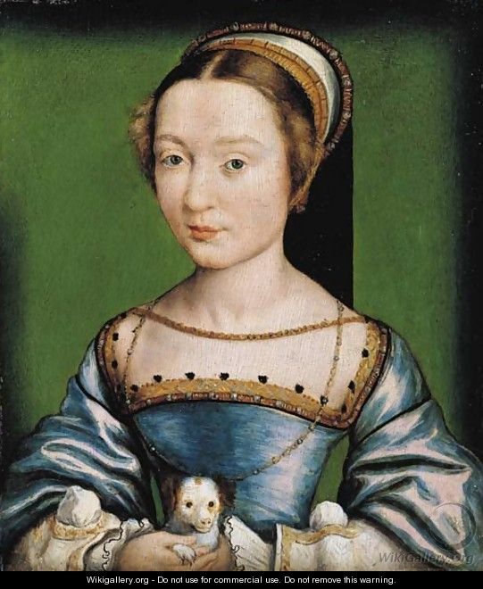 Portrait of a lady, bust-length, in a blue dress, holding a puppy