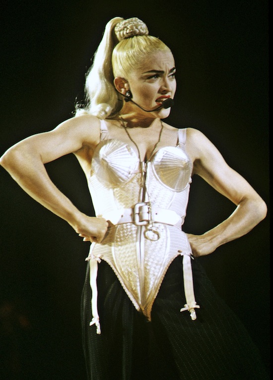 Madonna during the Japanese leg of her Blonde Ambition World Tour wearing a similar design by Gaultier.