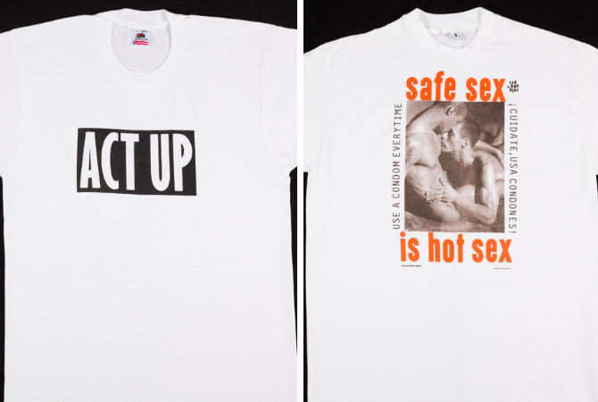 Left: “ACT UP”, Right: “Safe sex is hot sex”