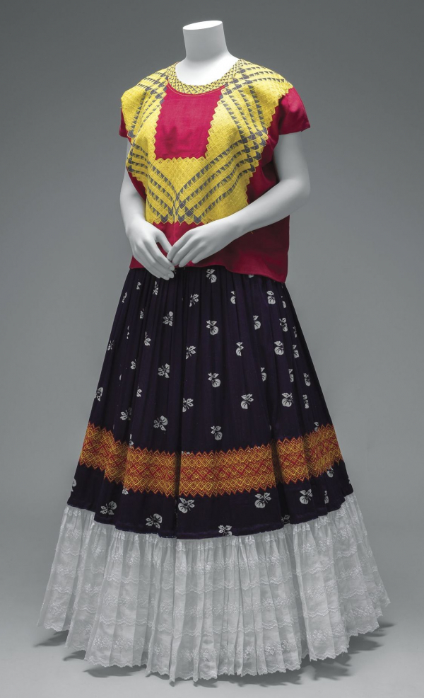 Cotton huipil with machine-embroidered chain stitch; printed cotton skirt with embroidery and holán (ruffle)