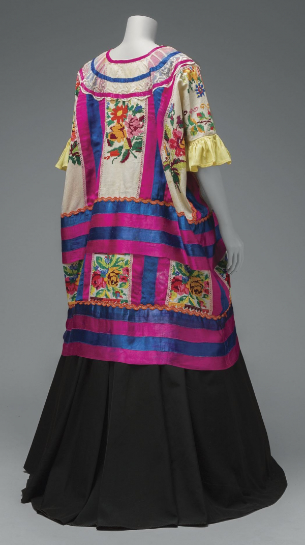 Cotton Mazatec huipil, hand-embroidered and appliqued; plain floor-length skirt