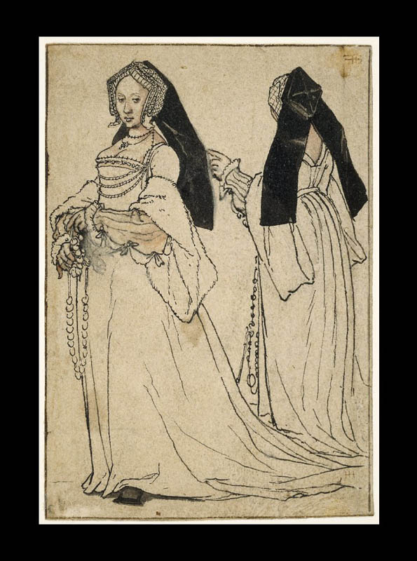 Two views of a lady wearing an English hood