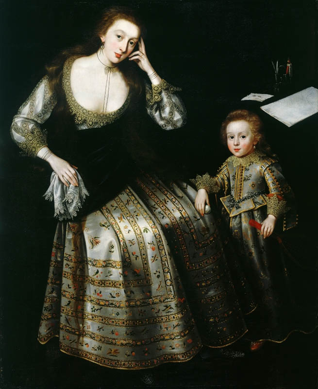 Frances, Lady Willoughby with her son Lord Francis, 5th Lord Willoughby of Parham, Suffolk (1614–1666), holding a tennis raquet