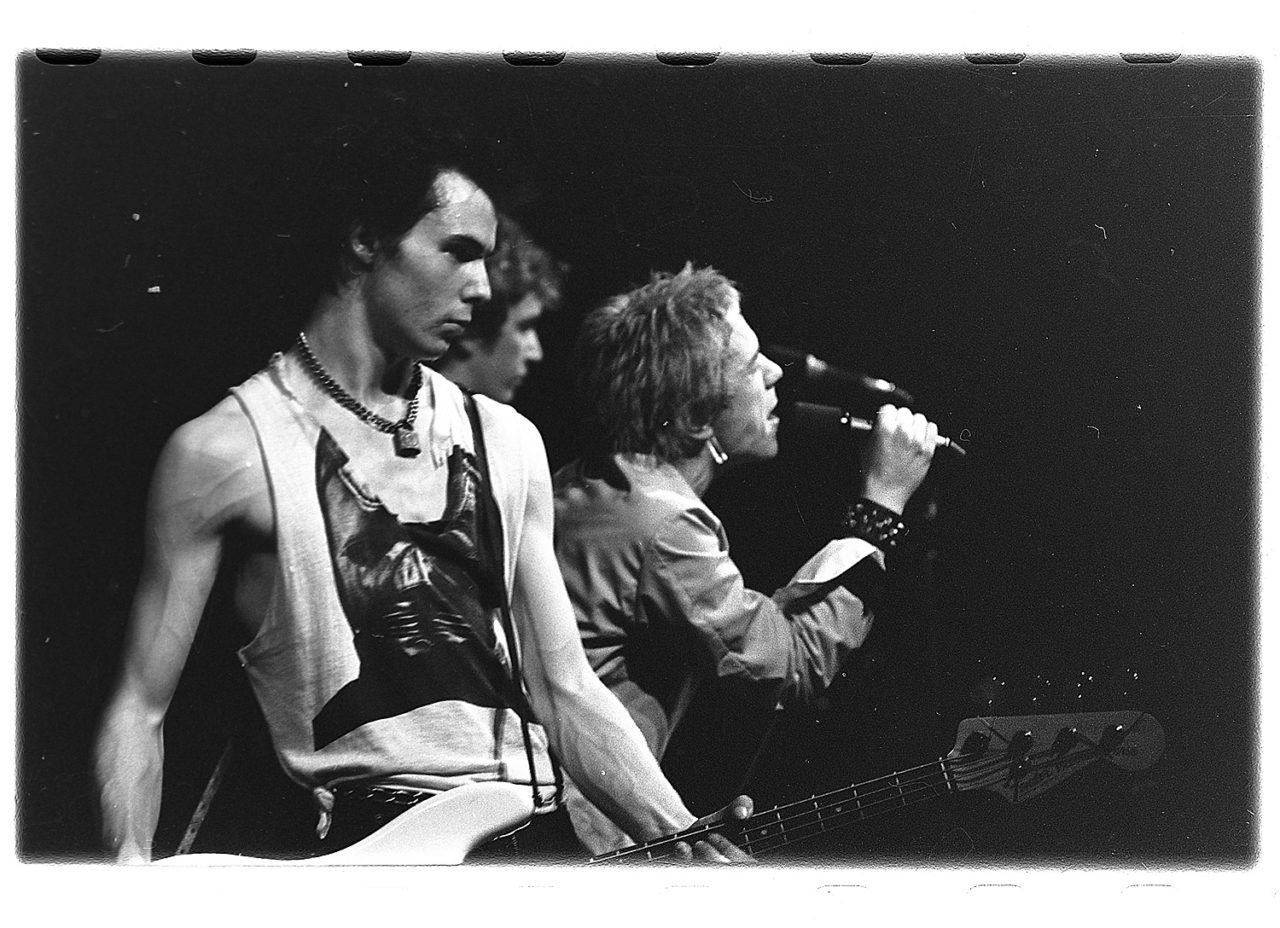 The Sex Pistols (Sid Vicious left, Steve Jones center, and Johnny Rotten right) performing in Trondheim