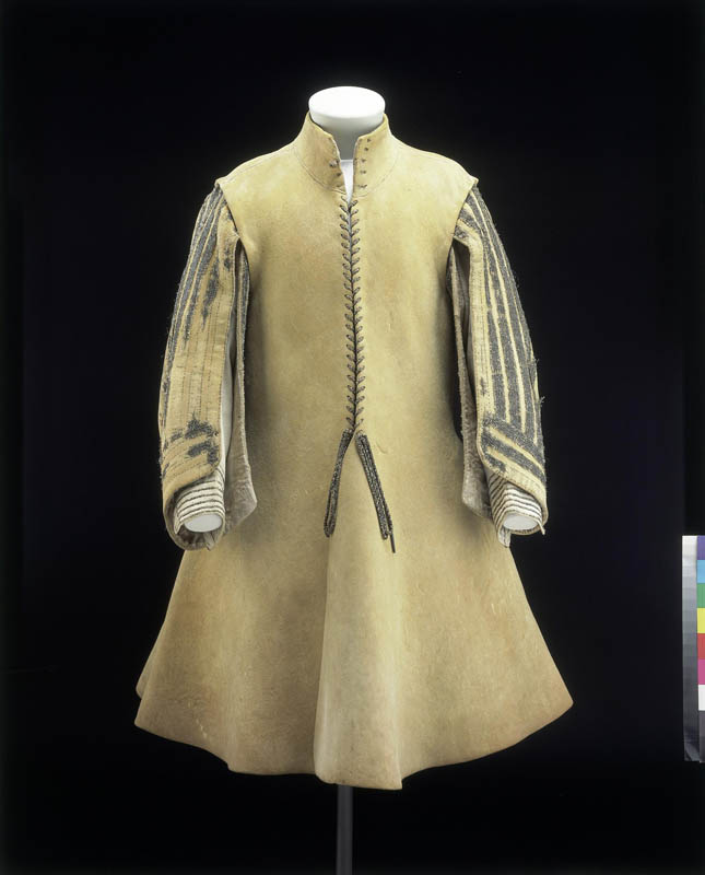 Buff leather coat with silver-gilt braid trimming