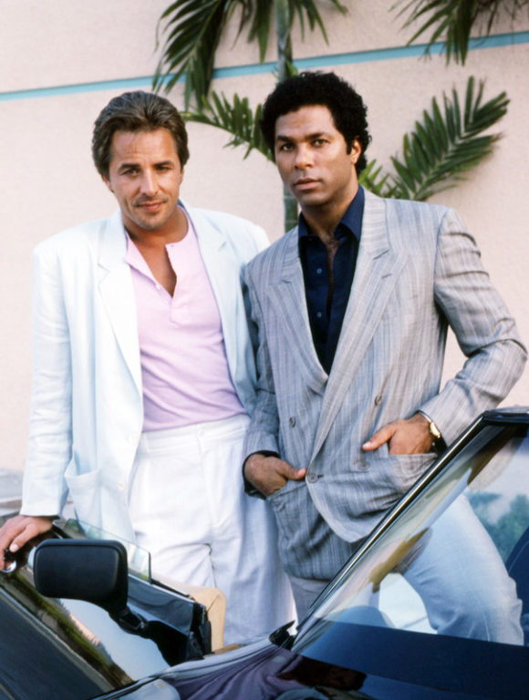 American actors Don Johnson and Philip Michael Thomas, as detectives James ‘Sonny’ Crockett and Ricardo Tubbs, in a promotional portrait for the TV series ‘Miami Vice’, circa 1985