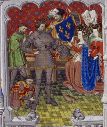 Queen Clotilde presents the fleur-de-lys to King Clovis, detail of The Legend of the Fleur-de-lys, The Bedford Hours