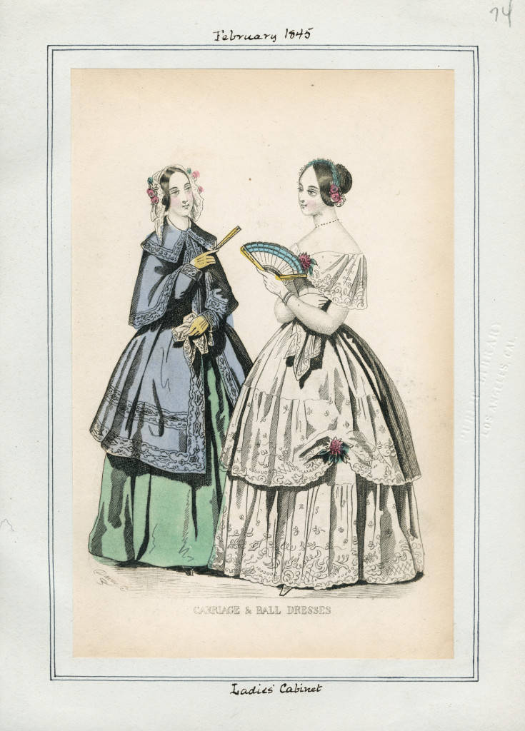 Carriage robe of green satin, with short pelisse of gray cashmere, Ladies' Cabinet v. 29, plate 74