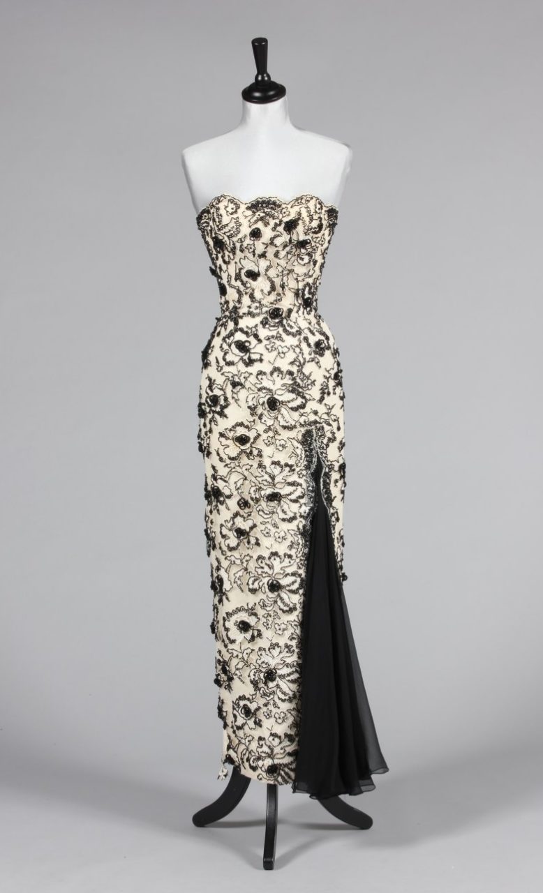Black and ivory beaded guipure evening gown