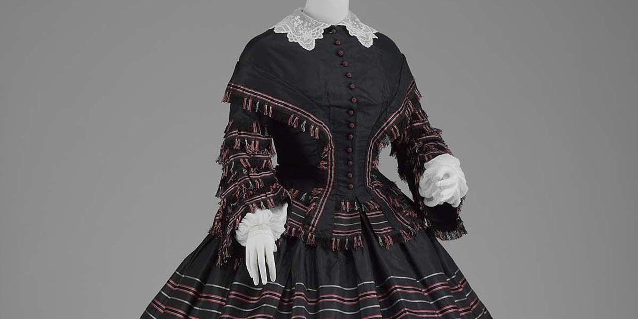 1855 – Black Taffeta Day Dress with Rose and White Stripes