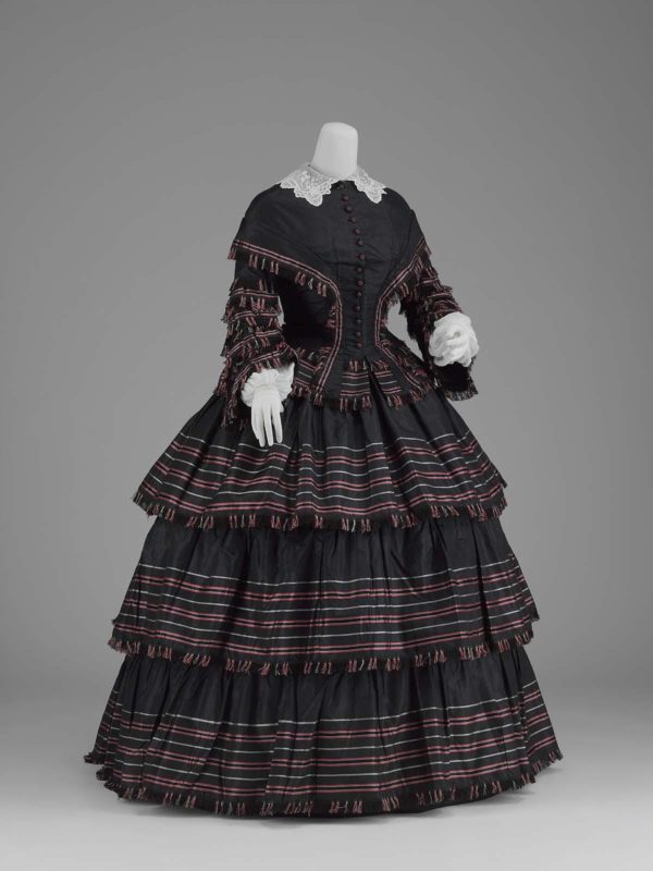 1855 – Black Taffeta Day Dress with Rose and White Stripes | Fashion ...