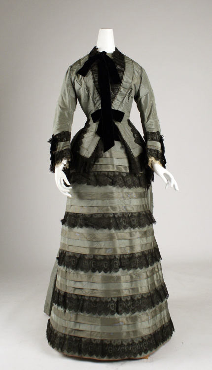 Gray day dress with horizontal trims