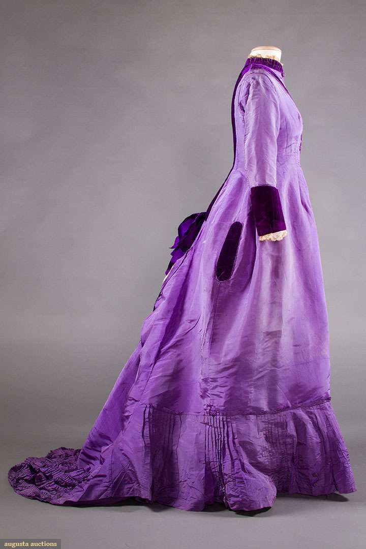 Purple silk and velvet bustle gown