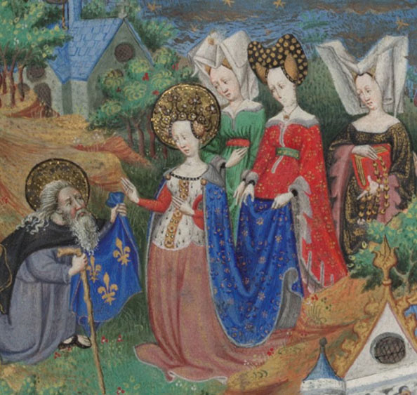 A hermit presents the fleur-de-lys to Queen Clotilde, detail of The Legend of the Fleur-de-lys, The Bedford Hours
