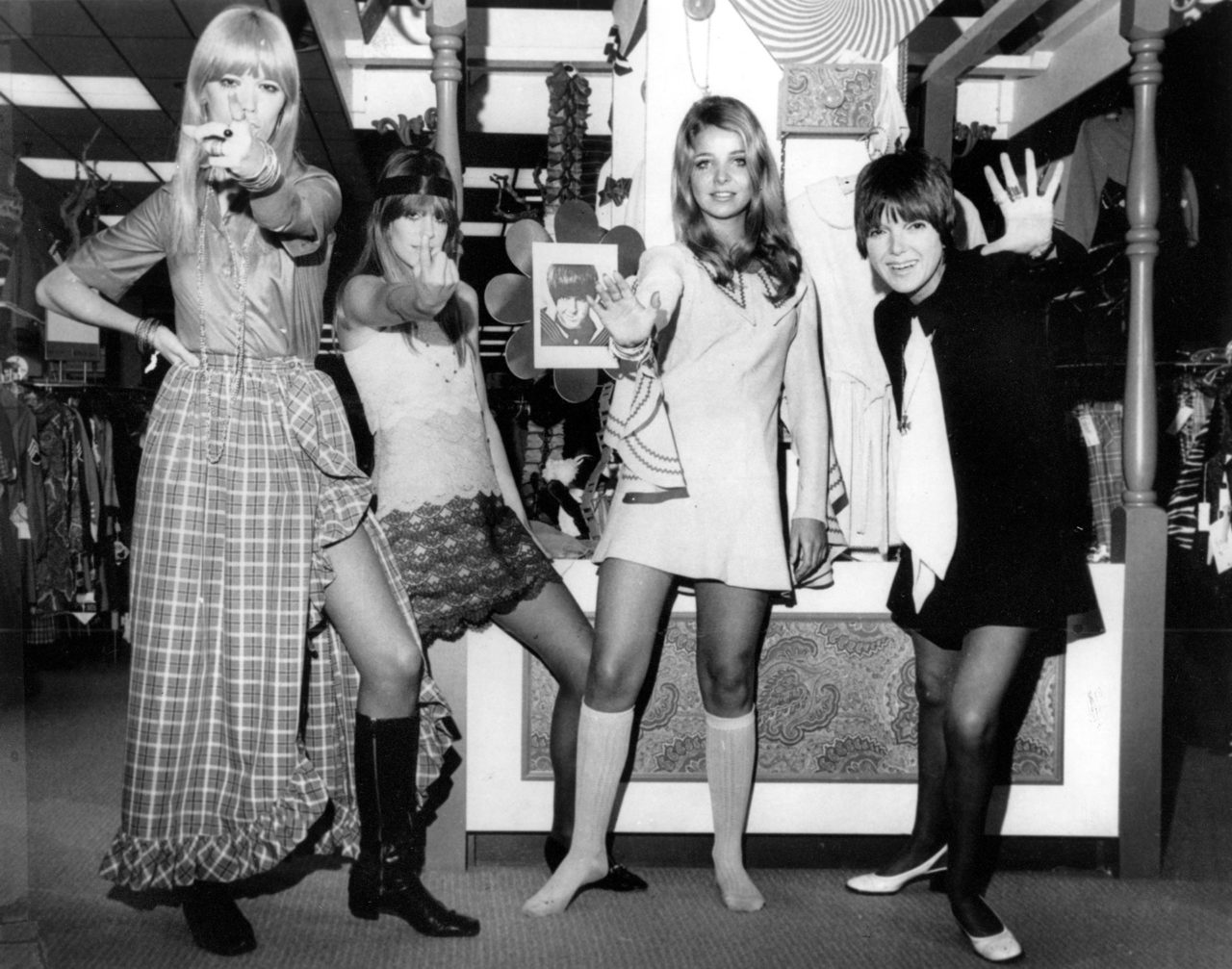 Three models and designer Mary Quant wearing her mod fashions in Little Rock, Arkansas.