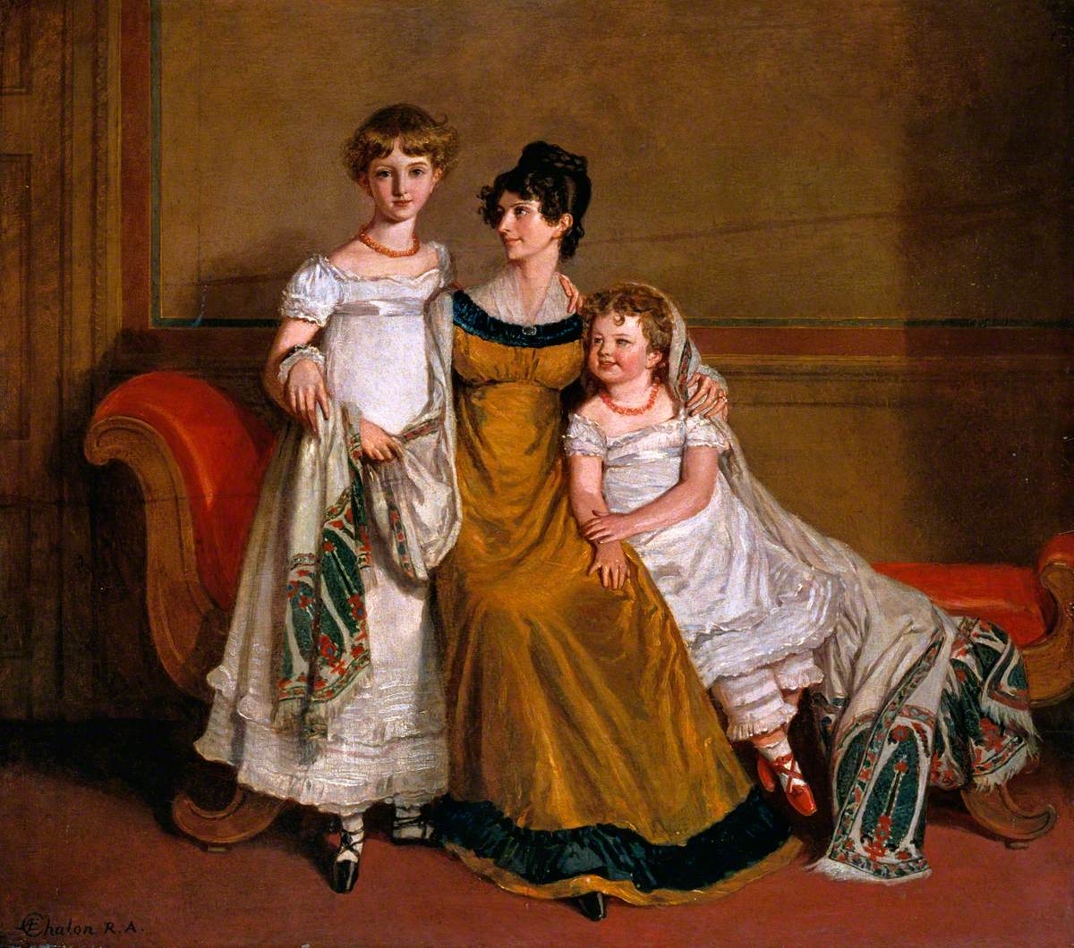 Portrait of a Woman with Two Children in a Domestic Interior