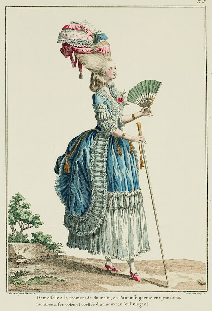 Young lady on her morning walk, in a Polonaise trimmed in pipes, two watches at her sides, coiffed in a new, elegant pouf
