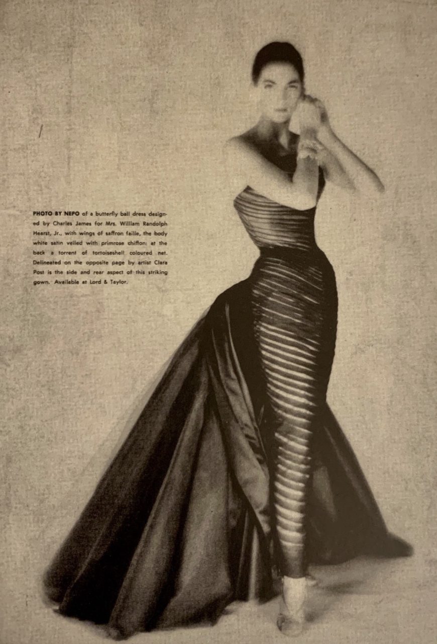 A model wearing Mrs. William Randolph (Austine) Hearst Jr.'s version of the Butterfly gown. (Available at Lord & Taylor.)