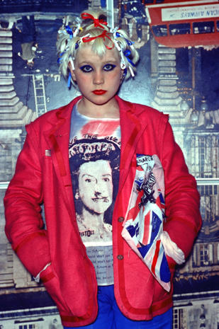 Debbie Juvenile, an assistant in Westwood and McLaren's shop Seditionaries, models Westwood's Jubilee outfit