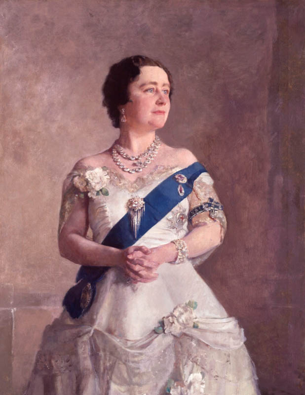 Queen Elizabeth, Queen Mother, in a dress designed by Norman Hartnell