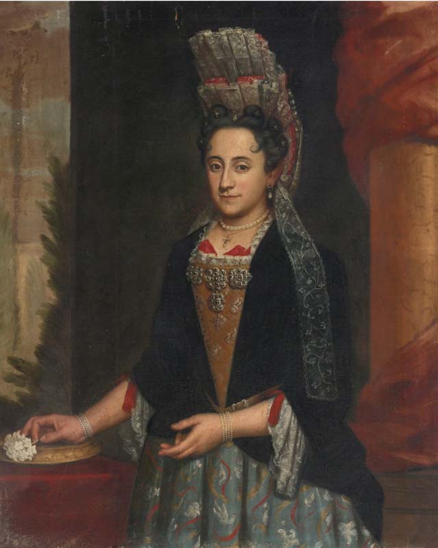 Portrait of a lady, half length, in a mantua gown and lace frelange headdress
