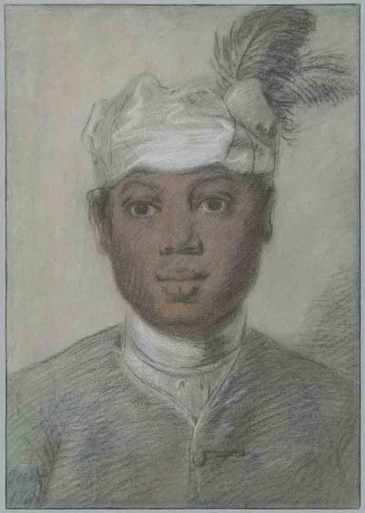 Head of a black young man with feathered turban