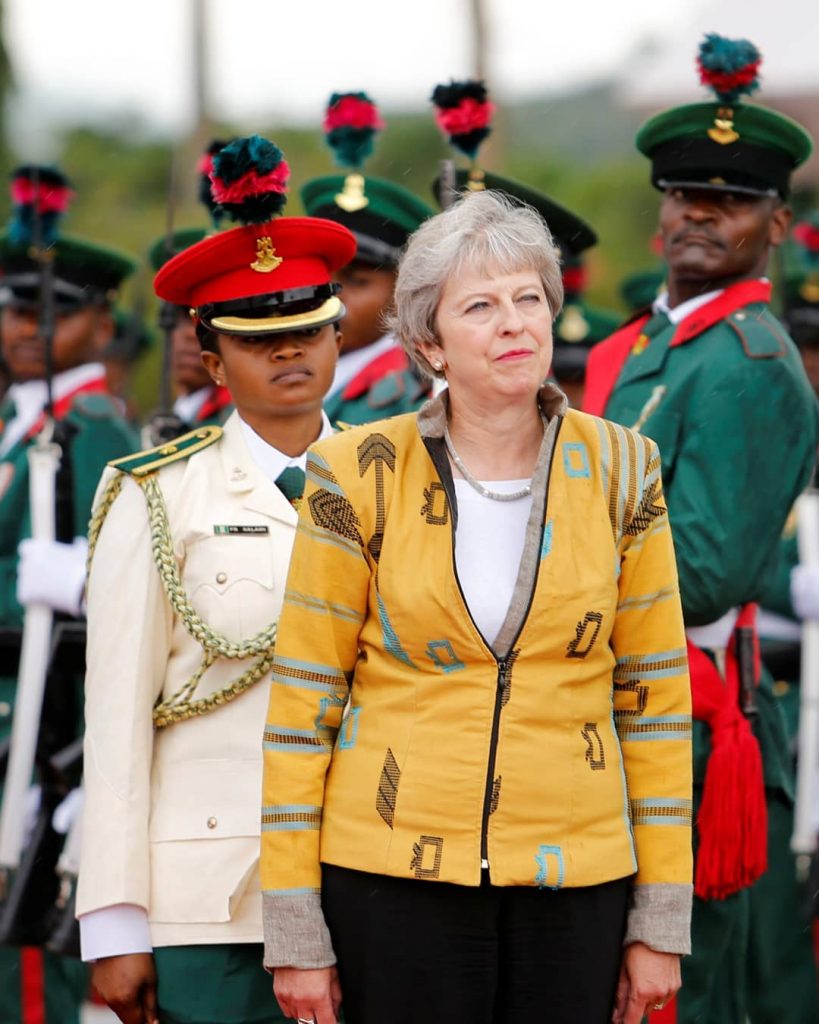 British Prime Minister Theresa May wearing Emmy Kasbit