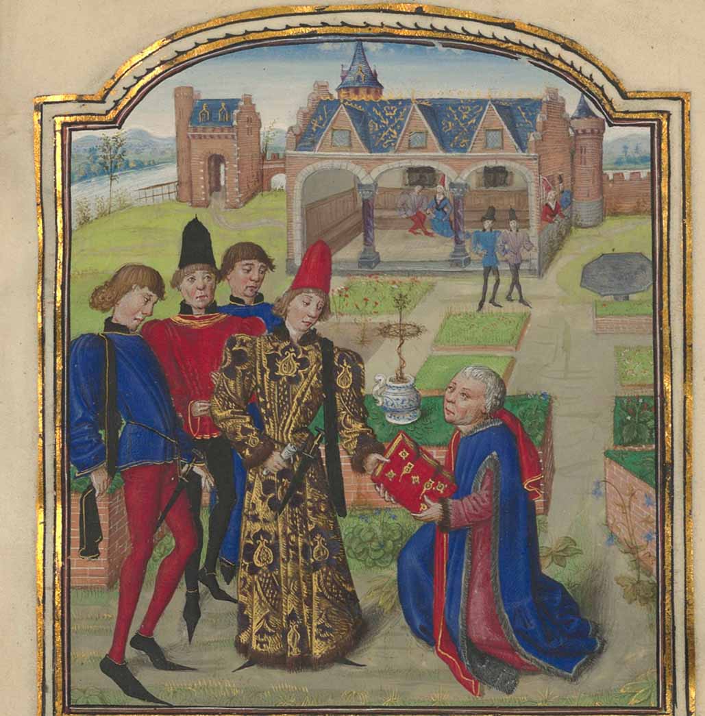 Detail of The author presenting the book to Charles the Bold