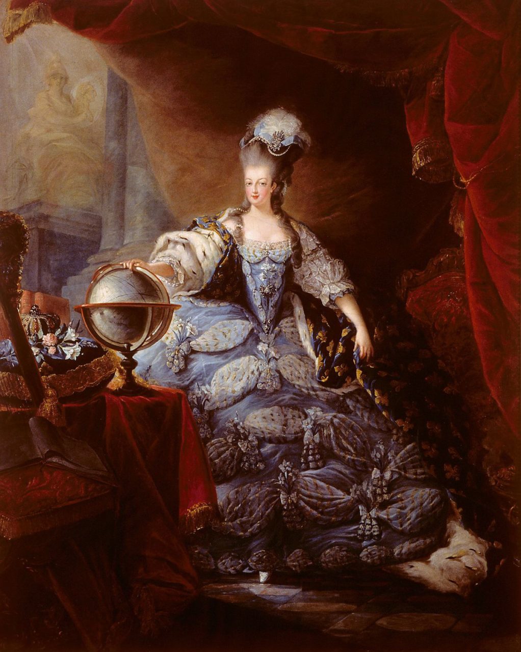 Marie Antionette in Court Clothes with her Hand on a Globe