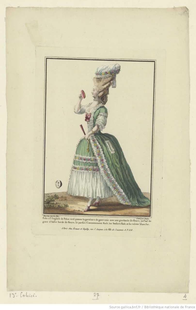 Robe à l’anglaise of green “Pekin” (silk) trimmed with Italian gauze and a “Pouf” or Italian gauze edged with flowers; pink shoes and white rosette
