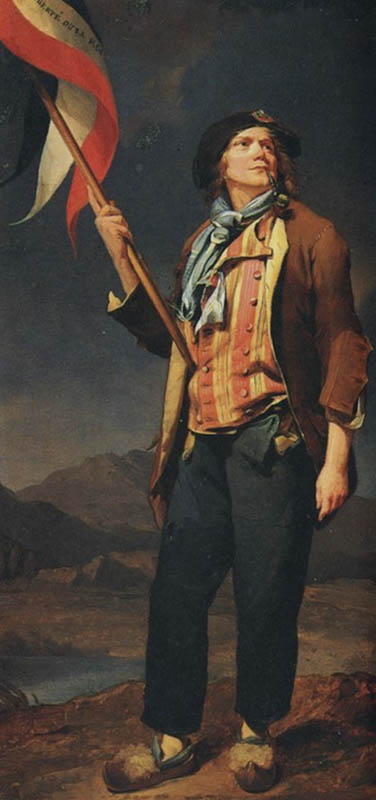 Portrait du chanteur Simon Chenard (1758-1832), en costume de sans-culotte, porte-drapeau lors de la fête en l'honneur de la liberté de la Savoie, le 14 octobre 1792