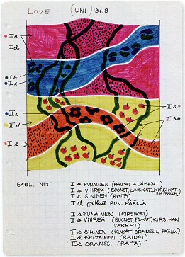 Page from Maija Isola's "Pattern Books", showing her construction of her 1968 textile pattern Lovelovelove